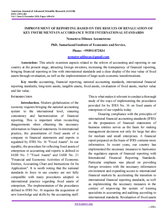 IMPROVEMENT OF REPORTING BASED ON THE RESULTS OF REVALUATION OF  KEY INSTRUMENTS IN ACCORDANCE WITH INTERNATIONAL STANDARDS