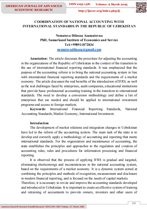 COORDINATION OF NATIONAL ACCOUNTING WITH  INTERNATIONAL STANDARDS IN THE REPUBLIC OF UZBEKISTAN