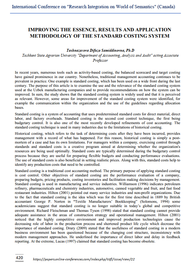 IMPROVING THE ESSENCE, RESULTS AND APPLICATION METHODOLOGY OF THE STANDARD COSTING SYSTEM