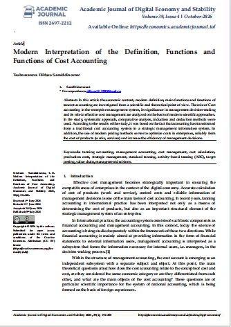 Modern Interpretation of the Definition, Functions and  Functions of Cost Accounting
