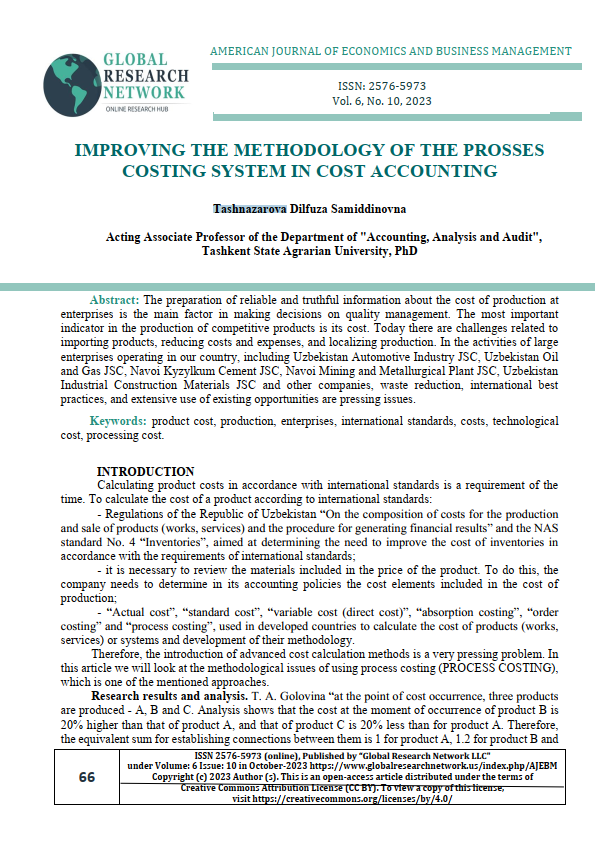 IMPROVING THE METHODOLOGY OF THE PROSSES COSTING SYSTEM IN COST ACCOUNTING