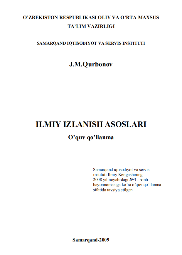 Ilmiy izlanish asoslari. O'quv qo'llanma. 