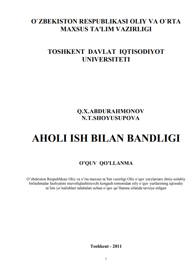  Aholi ish bilan bandligi. O'quv qo'llanma.