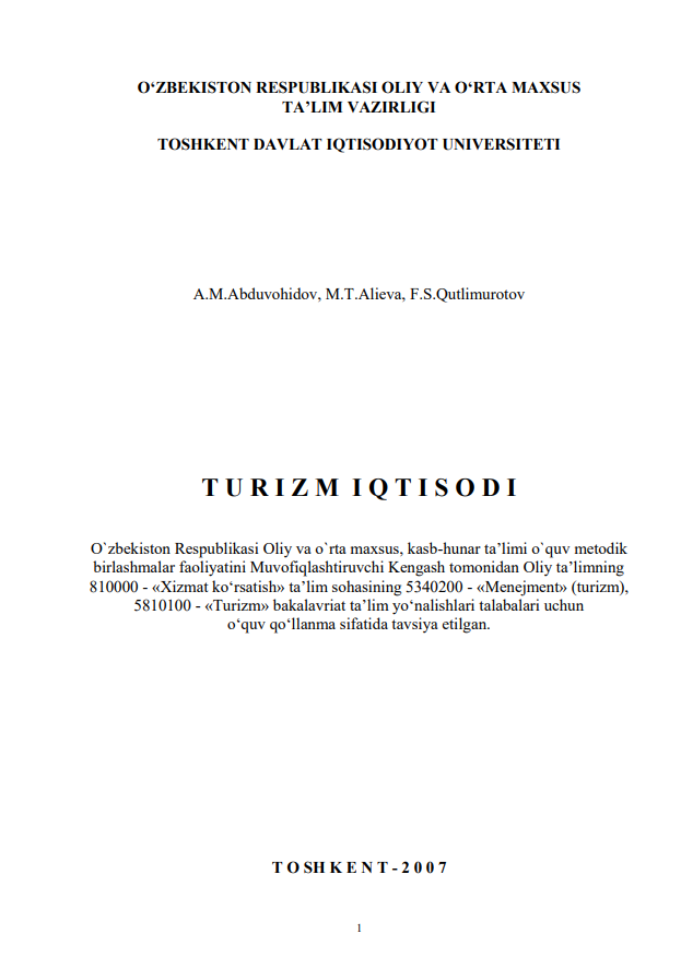 Turizm iqtisodi. O‘quv qo‘llanma.