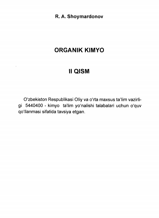 ORGANIK KIMYO II qism. O'quv qo'llanma.