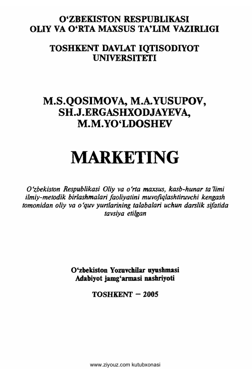 14 Marketing. Darslik. M.S.Qosimova va boshqalar. Toshkent-2005