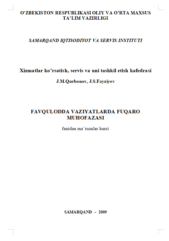 FAVQULODDA VAZIYATLARDA FUQARO MUHOFAZASI ma’ruzalar kursi 
