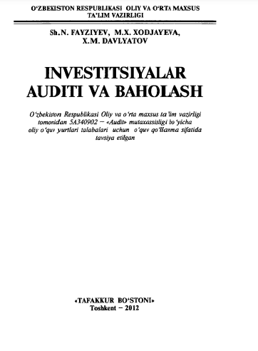 Investitsiyalar auditi va baholash. O'quv qo'llanma.